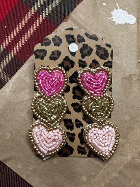 Beaded Heart Drop Earrings - Pink and Gold